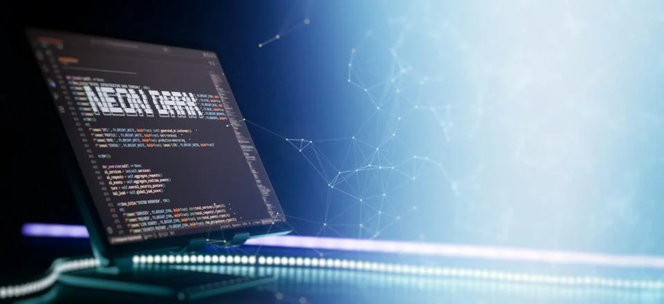 Cloud computing and AI technology concept. Dark terminal coding screen transi Stockfoto's