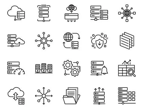Cloud computing and big data center networking line icon set Stock Illustration