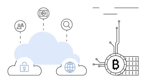 Cloud Computing and Blockchain Integration Diagram with Iconography 스톡 일러스트