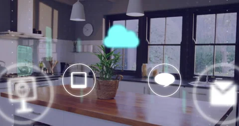 Cloud computing and communication icons animation over modern kitchen interior Stock-Footage 304571028