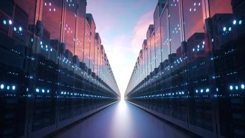 Cloud computing and computer networking concept: rows of network servers agai Stock Illustration