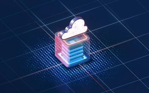 Cloud computing and cube with dark background, 3d rendering. Illustrazione stock
