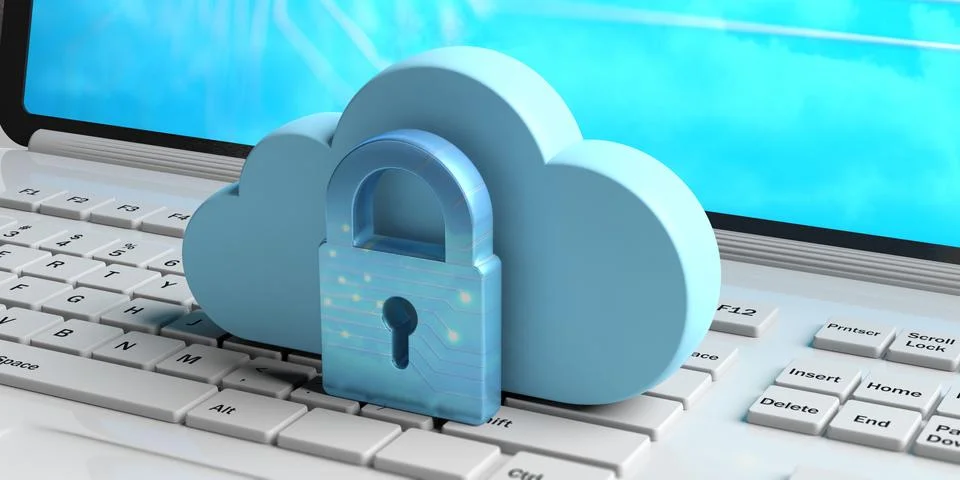 Cloud computing and cyber security, data protective shield. Blue cloud and pa 스톡 일러스트