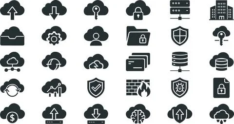 Cloud computing and cybersecurity flat icon set Stock Illustration