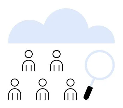 Cloud Computing and Data Analysis with Magnifying Glass and People Icons Stock Illustration