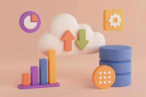 Cloud Computing And Data Analytics Concept. Colorful Charts, Cloud With Arr.. 스톡 일러스트