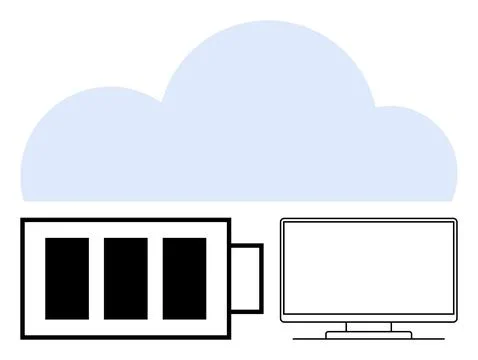 Cloud Computing and Data Backup with Battery and Monitor Showing Sync Process Stock Illustration