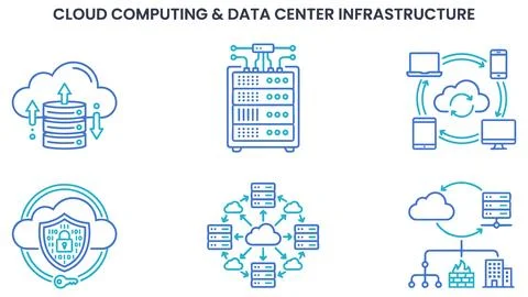 Cloud computing and data center infrastructure linear icon set with computing Stock Illustration