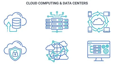 Cloud computing and data center infrastructure technology icon set with int.. Stock Illustration