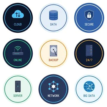 Cloud computing and data hosting round badge icon set with cloud, database, Stock Illustration