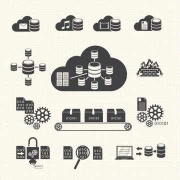 Cloud computing and Data management icons set. Vector Illustrazione stock