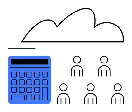 Cloud Computing and Data Management Blue Calculator, Cloud Shape, and Line 스톡 일러스트