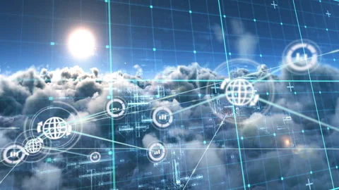 Cloud computing and data network animation over clouds and sky background Video stock 303950127