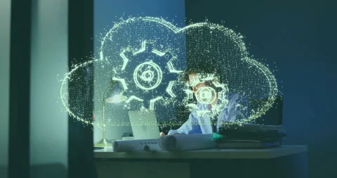 Cloud computing and data processing animation over person working at desk Stock Footage 303422151