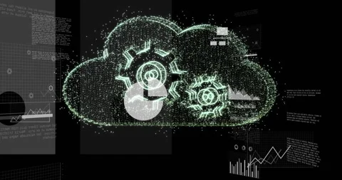 Cloud computing and data processing animation over digital graphs and charts Stock-Footage 303878634