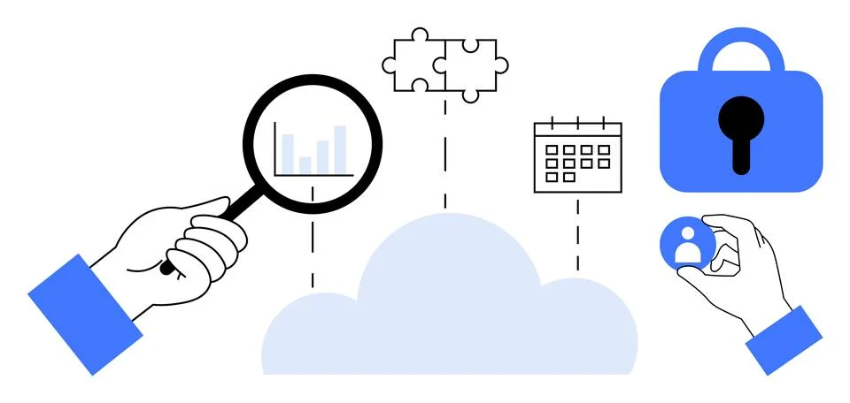 Cloud Computing and Data Security with Magnifying Glass and Puzzle Pieces 스톡 일러스트