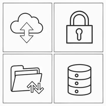 Cloud computing and data storage icons set with lock and folder Stock Illustration