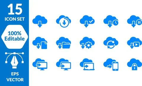 Cloud Computing and Data Storage Icon Set, 15 Editable EPS Vector Icons イラスト素材