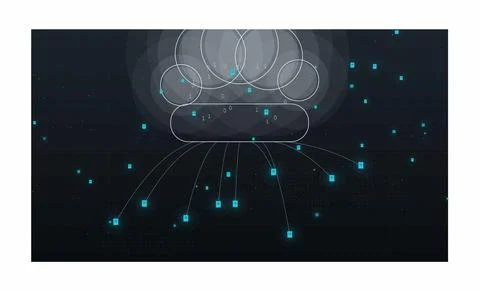 Cloud computing and data storage network illustration. Glowing cyan server .. Stock Illustration