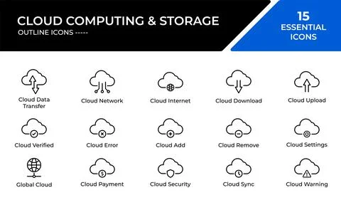 Cloud computing and data storage outline icon set for digital technology in.. Stock Illustration