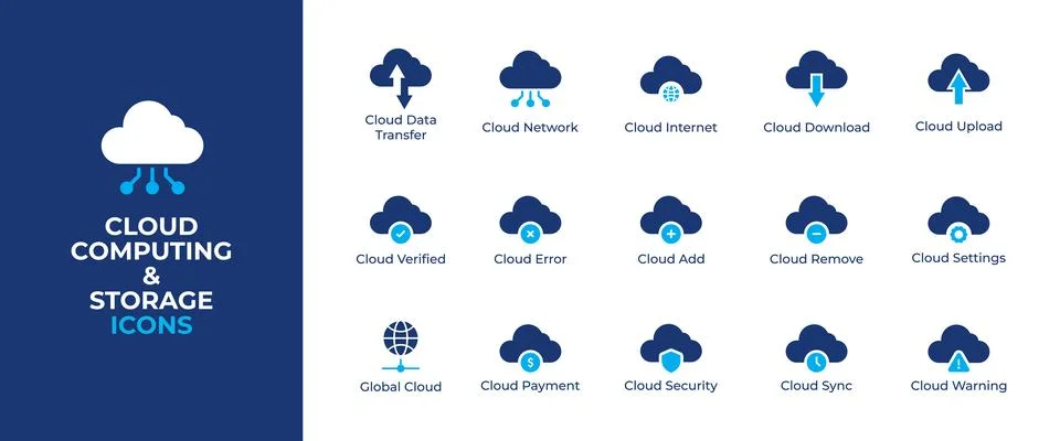 Cloud computing and data storage icon set for digital technology interfaces Stock Illustration
