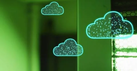 Cloud computing and data storage image over green-lit server room Stock Photos