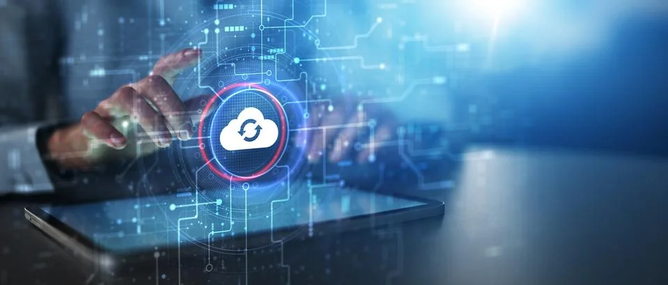 Cloud Computing and Data Synchronization Technology Illustrated on Futuristic Stock-Fotos