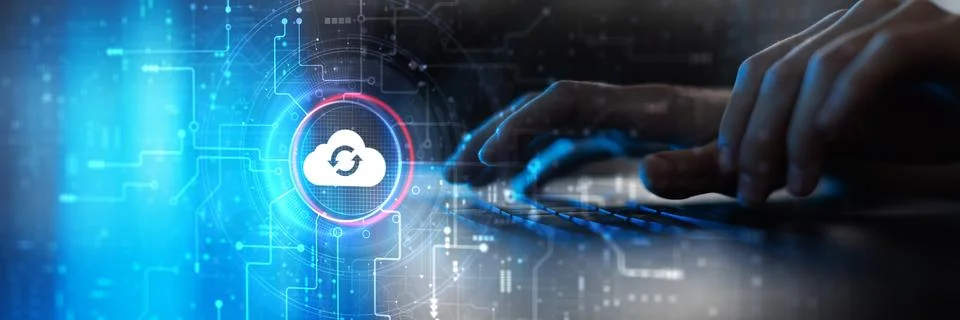 Cloud Computing and Data Synchronization Technology Illustrated on Futuristic 写真素材