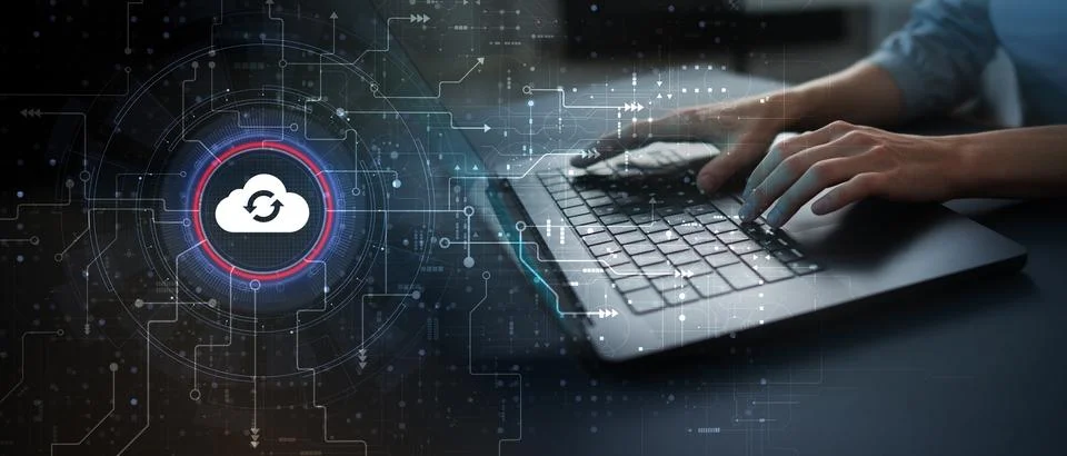 Cloud Computing and Data Synchronization Technology Illustrated on Futurist.. Stock Photos