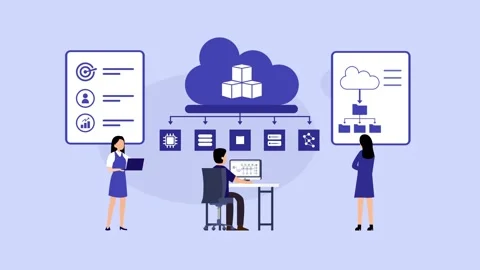 Cloud Computing and Database Management cartoon animation Stockbeeldmateriaal 337943456