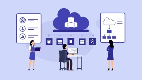 Cloud Computing and Database Management Concept cartoon animation Stockbeeldmateriaal 337954747