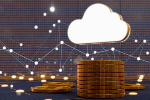 Cloud computing and digital currency integration with stacked coins Illustrazione stock