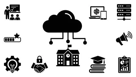 Cloud computing and digital education infrastructure flat icons set for onl.. Stock Illustration