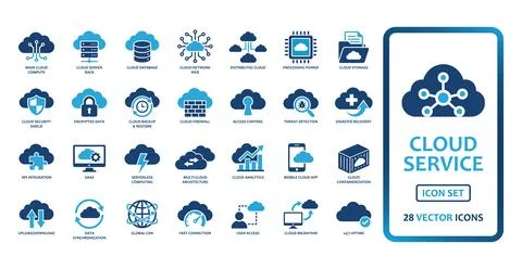 Cloud computing and digital infrastructure solid icon set. Featuring Data S.. Ilustração Stock