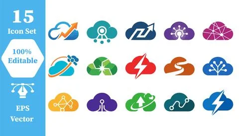 Cloud computing and digital network vector icon set with computing, technolog Illustration