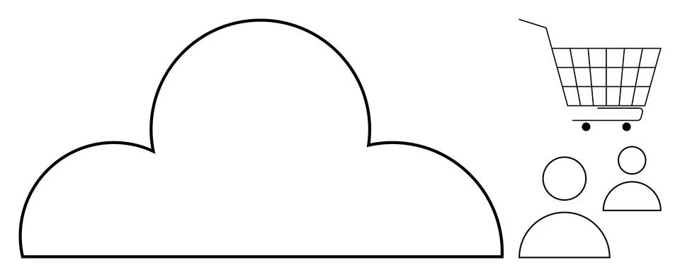 Cloud Computing and E-commerce Two Users And Shopping Cart Illustration in .. 스톡 일러스트