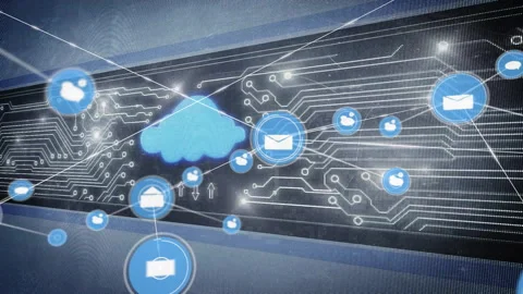 Cloud computing and email icons animation over circuit board background Stock Footage 305893545