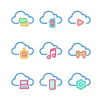 Cloud computing and entertainment line icons.  Illustrazione stock