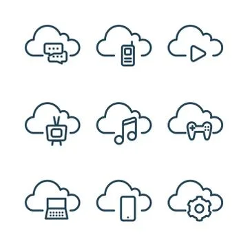 Cloud computing and entertainment line icons.  Illustrazione stock