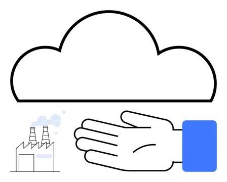 Cloud Computing and Environmental Impact Concept with Factory and Hand Symbol Stock Illustration