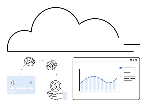 Cloud Computing and Financial Analysis with Credit Card, Graph, and Dollar .. Illustrazione stock
