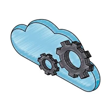 Cloud computing and gears isometric symbol scribble Stock Illustration