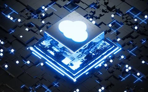 Cloud computing and glowing electronic chips, 3d rendering. Illustrazione stock
