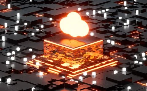 Cloud computing and glowing electronic chips, 3d rendering. 스톡 일러스트