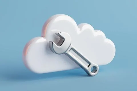 Cloud Computing And Maintenance Concept. White Cloud Icon With Metallic Wre.. 스톡 일러스트