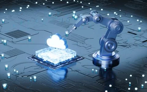 Cloud computing and mechanical arm in the sci-tech background, 3d rendering. Illustrazione stock