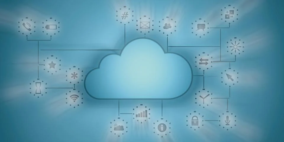 Cloud computing and mobile apps. Blue clouds on blue wall with app icons. 3d Stock Illustration