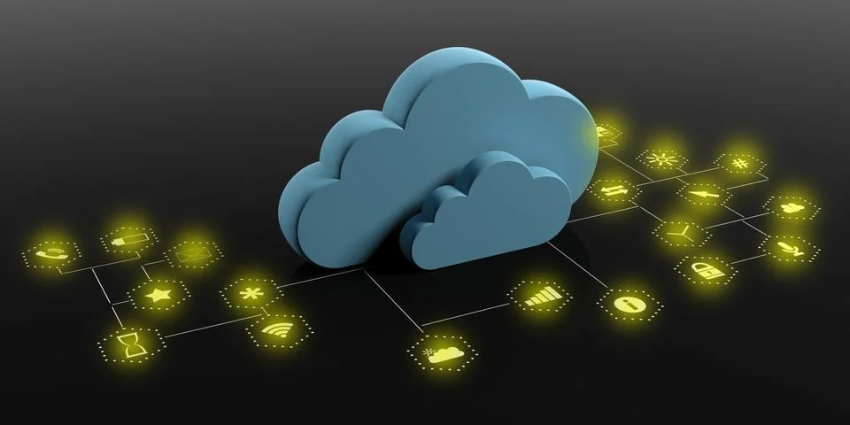 Cloud computing and mobile apps. Blue clouds on black background with illumin 库存插图
