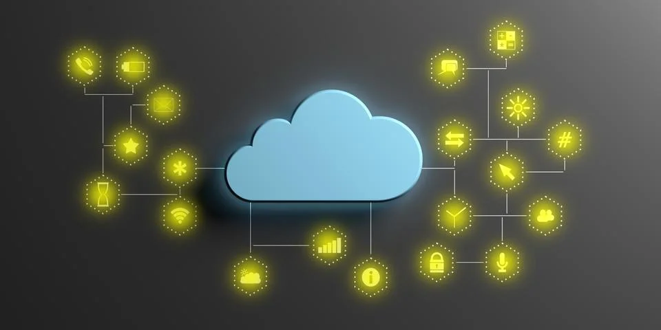 Cloud computing and mobile apps. Blue cloud on black background with illumina Stockillustratie