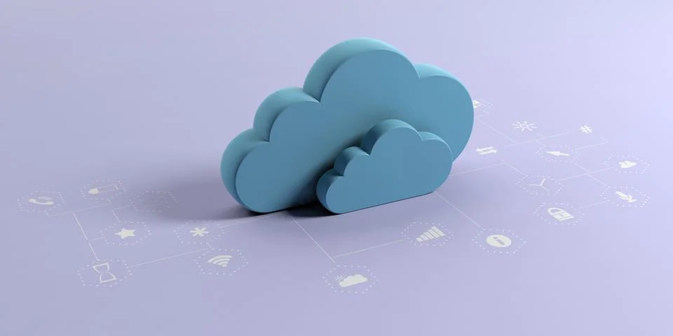 Cloud computing and mobile apps. Blue clouds on purple background with app ic 库存插图